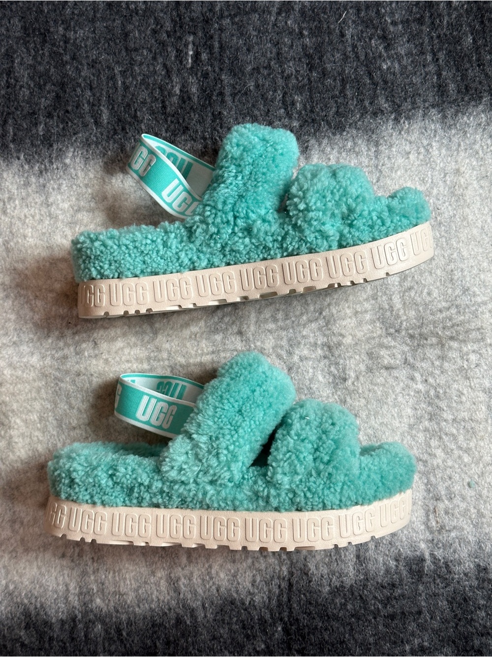 UGG Fluffita Plush Sherpa Slide Sandals - Teal Blue - 9 US - NWT